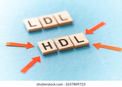 Concept of difference between HDL and LDL cholesterol, with terms composed with wooden alphabet on a blue background, good cholesterol HDL.

