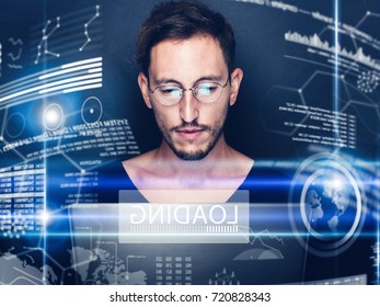 Concept of digital diagram,graph interfaces,virtual display,connections screen, online icon.Young man programmer working contemporary computer at night.Blurred background.Horizontal