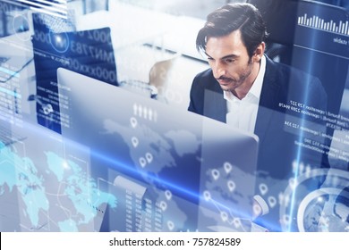 Concept Of Digital Diagram,graph Interfaces,virtual Display,connections Screen, Online Icon.Young Man Professional Programmer Working Contemporary Desktop Computer.Blurred Background.Horizontal