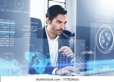 Concept Of Digital Diagram,graph Interfaces,virtual Display,connections Screen, Online Icon.Young Man Programmer Working Contemporary Desktop Computer.Blurred Background.Horizontal