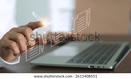 Concept of digital document management, technology, user interface, and modern workflow. Businessman use pen suggesting signing or edit a digital document interface. Digital signatures.
