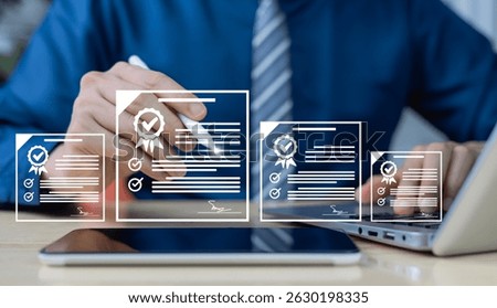 Concept of digital document signing and paperless contract management. Businessman signing document on laptop with stylus on virtual page. Electronic signature in modern office setting