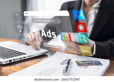 Concept of digital marketing involves using online advertising, product ads, social media promotion to boost sales of products and services through various digital tools and internet platforms. ad