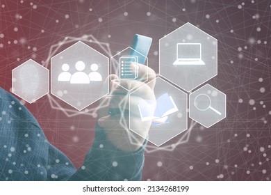 Concept of digital screen, virtual connection icon,diagram, graph interfaces. Pensive young beautiful businesswoman using modern mobile phone and laptop while sitting at her working place. Flares
