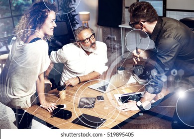 Concept Of Digital Screen, Virtual Connection Icon,diagram, Graph Interfaces.Bearded Man Talking With Account Director And Creative Manager.Business People Meeting Photo.Horizontal Blurred