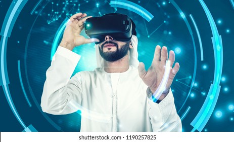 Concept of digital screen,connection and interfaces.Beraded Arab man enjoying virtual reality glasses in modern design.  VR goggles headset.