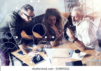 Concept Of Digital Screen,virtual Connection Icon,diagram,graph Interfaces. Business People Brainstorming Photo.Bearded Man Talking With Account Director And Creative Manager.Horizontal,blurred