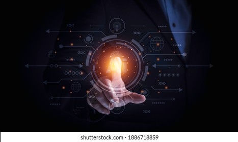 Concept of digital security and private data access by use fingerprint scanner.Fingerprint Biometric Digital Scan Technology