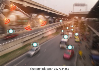 Concept digital technology 4.0,wireless network 5G signal,CCTV  camera intelligent of artificial intelligence systems, to monitor road safety and memorize driver's driving behavior and illegal traffic