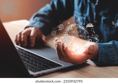 concept of digital transformation access to big data With internet network, male hand showing technology connection with globe icon for information search. online marketing and various transactions.