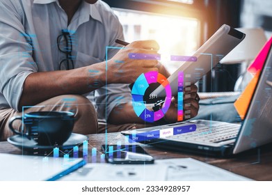 Concept digital transformation technology strategy, Analyst working with Business, Analytics and Data Management System on computer, make a report with KPI and metrics connected to database. Corporate