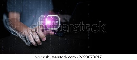 Concept of digital twin controlling a virtual processor chip, representing future computing, AI development, and the fusion of digital intelligence with human creativity.