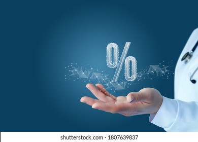 The concept of discount discounts in medicine. Doctor hand shows a hologram percent. - Shutterstock ID 1807639837