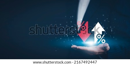 Concept Discount and sale hologram Commission, Businessman on blurred background holding hand % discount, commission and represented by percentage signs, symbol of a percentage and business background