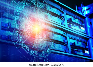 concept of disk storage data center. Information technology and database on technological background