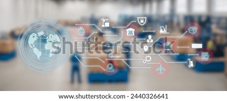 Concept of distribution center and international communication network. out-of-focus background, warehouse workers
