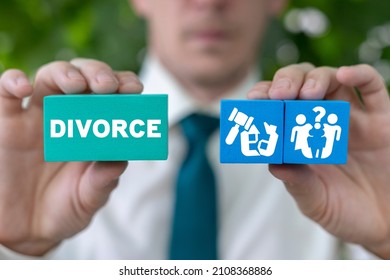Concept of divorce by law. Divorced family. Divorce decree, division of property and legal consult.