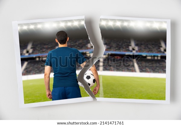 Concept of\
divorce or transfer of a player with his club. Torn photograph of a\
soccer player from back with copy\
space.