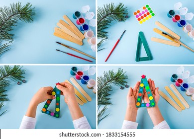 Concept of DIY and kid's creativity. Step by step instruction: how to make christmas tree made of ice cream sticks. Children's New year handmade craft. Collage - Powered by Shutterstock