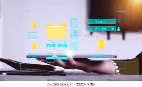 Concept : Document management system , folder and document icon software, searching and managing files online document database, for efficient archiving 