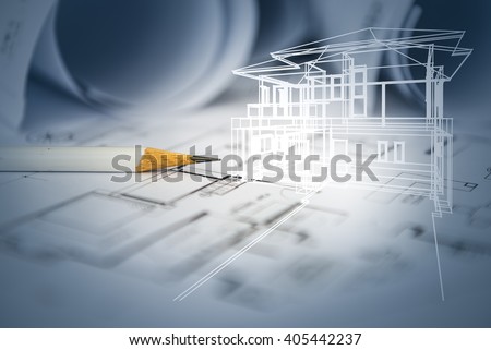 concept of dream house draw by designer with construction drawing as background