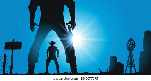 Concept Of The Duel In The Wild West In The United States, With A Tragic Face To Face Between Two Cowboys. They Are Armed With Their Revolver And Ready To Open Fire