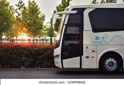 Concept Eco Transport. Synergy Of Electric Bus And Nature. E-bus With Theme Print On Body.