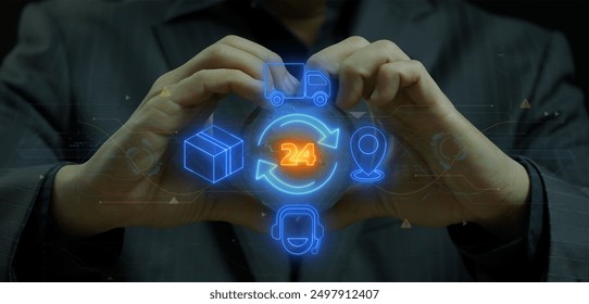 Concept of E-commerce, delivery and logistic chain sign. Freight supplier symbol. Businessman holding planet earth global to show glowing neon line of supply chain line icon. - Powered by Shutterstock