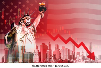 Concept of economic recession during the coronavirus outbreak in United States, downtrend stock with red arrow and The Statue of Liberty with mask background - Shutterstock ID 1670166322