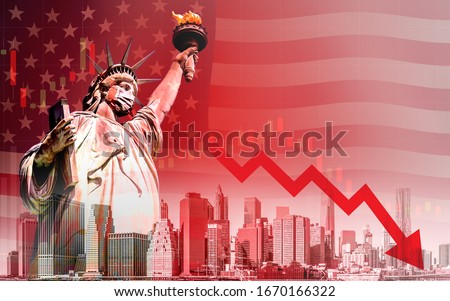 Concept of economic recession during the coronavirus outbreak in United States, downtrend stock with red arrow and The Statue of Liberty with mask background