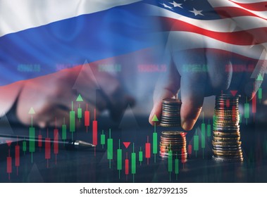 Concept Of Economic Tariffs Trade War With  Tax Barrier Between Russian Federation  And United States. Trade War Economy, Business Finance Investment. Sanctions And Problem