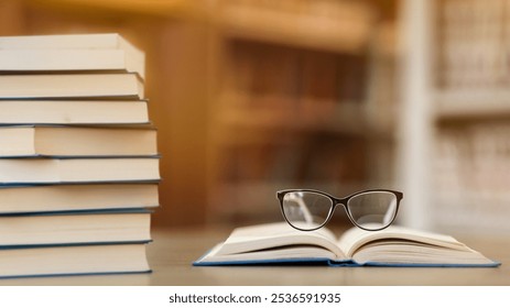 Concept Of Education. Soft focus of stylish glasses lying on open book in library, blurred bookshelves in background