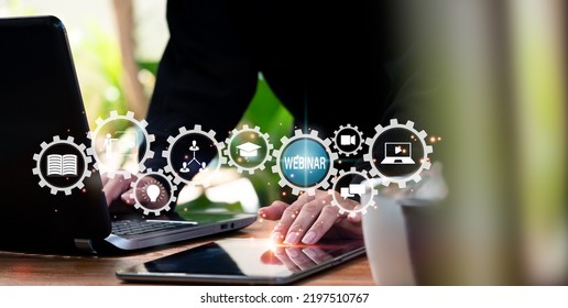 The concept of e-learning. Webinars are used for online education, conferences, courses, and meetings. To join, enter, see a live broadcast, person presses button. Technology for online communication. - Powered by Shutterstock - Get 15% off with code: PIKWIZARD15