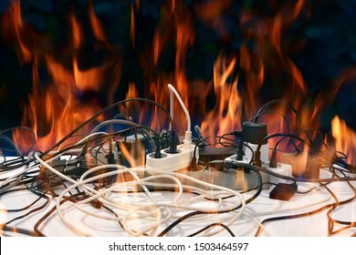 Concept Of Electrical Short Circuit. Electro Wires On Fire. Electric Network Overload, Fire Hazard