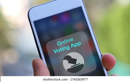 Concept For Electronic Or Internet Voting Concept (e-voting Or Online Voting). Fake Voting App On Cellphone. Safe Way To Vote To Maintain Social Physical Distancing During Covid Pandemic