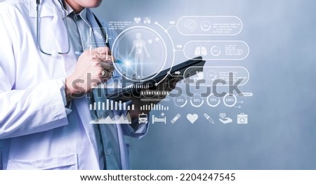 Concept electronic medical technology on tablet Digital healthcare body system analysis and networking on a holographic interface. science and innovation medical technology and network concept