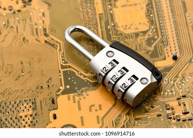 Concept - Electronic Security Idea, present via electronic board and key lock. Composition in bottom right hand. Horizontal color image.