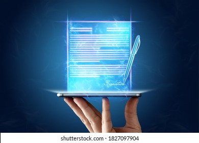 Concept for electronic signature, distance business, mobile phone and contract hologram image for signature. remote collaboration, copy space. Mixed media - Shutterstock ID 1827097904
