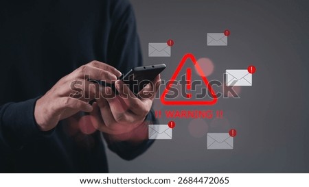 Concept of email phishing and scam warning on smartphone, cybersecurity threat, spam mail alert, online fraud prevention, digital safety, data protection, and internet security awareness illustration.