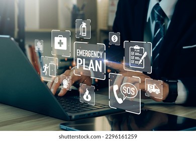 Concept of Emergency Preparedness Plan.Businessman touching Emergency Plan icon to learn and prepare in emergency situation .Business Evacuation Training concept. - Shutterstock ID 2296161259