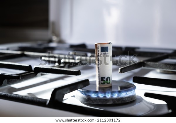 Concept of energy crisis. 50 euro bank note is\
burning on a kitchen stove. Cash money. High prices of natural\
resources. Blue flame. Utility debt. Number fifty. Energy war.\
Saving home budget.\
Finance