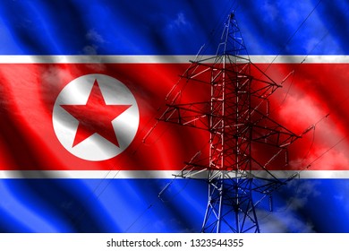 The concept of energy independence. High-voltage transmission line on the background of the flag of North Korea. - Powered by Shutterstock