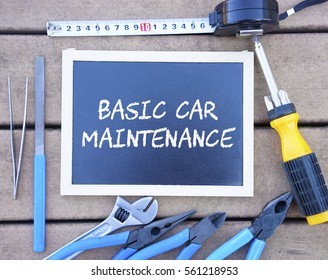 Concept Of Engineering. Blackboard With Engineering Tools Around. Basic Car Maintenance