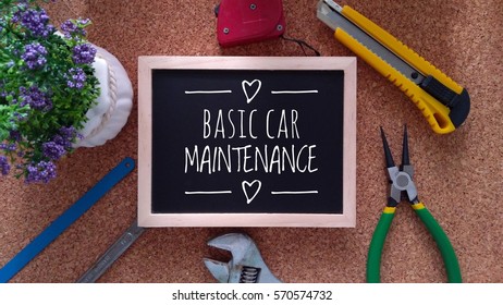 Concept Of Engineering. Blackboard With Engineering Tools Around. Basic Car Maintenance