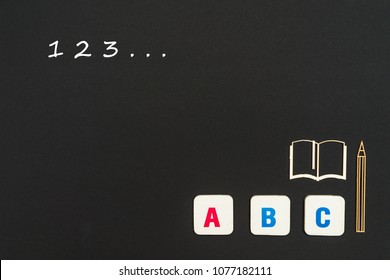 Concept English School, Numbers 123, Abc Letters, Chipboard Miniature Book, Pen On Blackboard