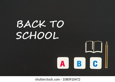 Concept English School, Text Back To School, Abc Letters, Chipboard Miniature Book, Pen On Blackboard