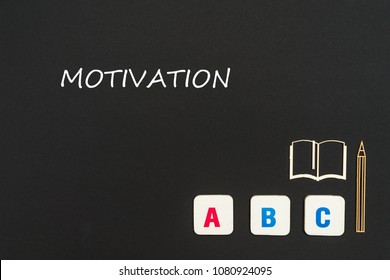 Concept English School, Text Motivation, Abc Letters, Chipboard Miniature Book, Pen On Blackboard