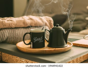the concept of enjoying coffee at home, spending time at home, good time
