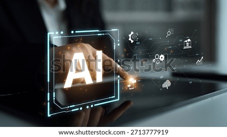 Concept of an enterprise Artificial Intelligence platform. The system integrates with various business processes like data analysis, cloud computing, and automation for growth. Parse