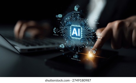 Concept of an enterprise Artificial Intelligence solution. A central processor powers machine learning for business automation, innovation, and intelligent data analysis. Parse